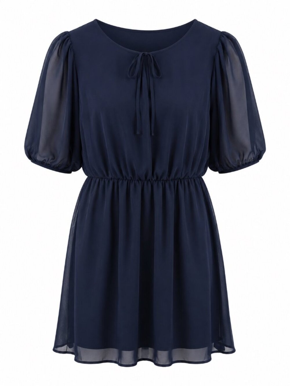 Sweet Storm Navy Chiffon Mini Dress With Puff Sleeves & Tie Neckline - Size L